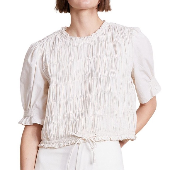 Apiece Apart White Ave Cropped Smocked Top - Picture 1 of 7